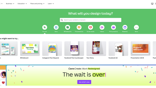 The Canva homepage with an embedded in-app banner at the bottom announcing a product launch, with a 'See what's new' call to action.