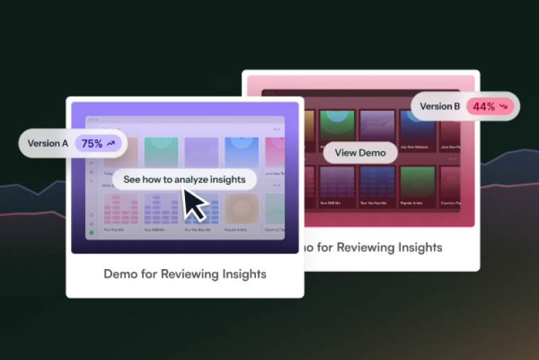 Two versions of a Chameleon interactive demo shown side-by-side — Version A at 75% and Version B at 44%.