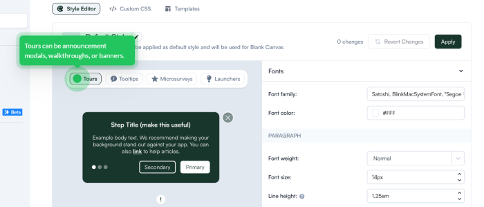 A Chameleon styling settings panel for tours showing font configuration controls, with a tooltip on the Tours tab and a dark-themed tour step preview displaying a title, body text, progress dots, and CTA buttons.