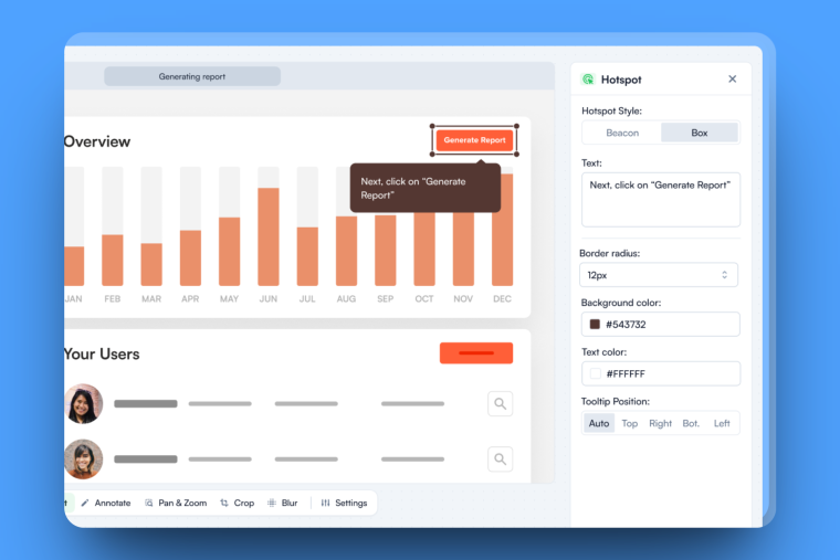 The Chameleon interactive demo editor, with a hotspot configuration panel showing style, text, color, and position controls over a product analytics screen.