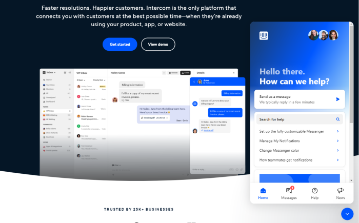 A screenshot of Intercom's landing page