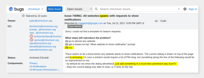 Screenshot of an issue on Chromium