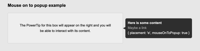 A jQuery PowerTip demo showing a dark tooltip with a left-pointing arrow anchored to the right of a trigger element.