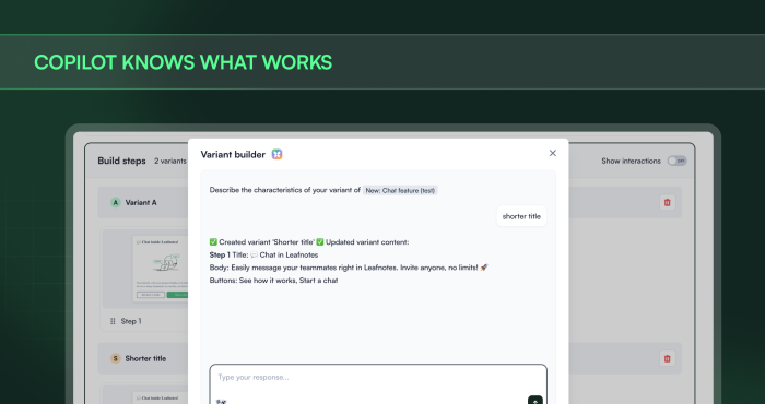 COPILOT KNOWS WHAT WORKS — the Chameleon Copilot Variant Builder generating a tour variant from a natural language prompt.