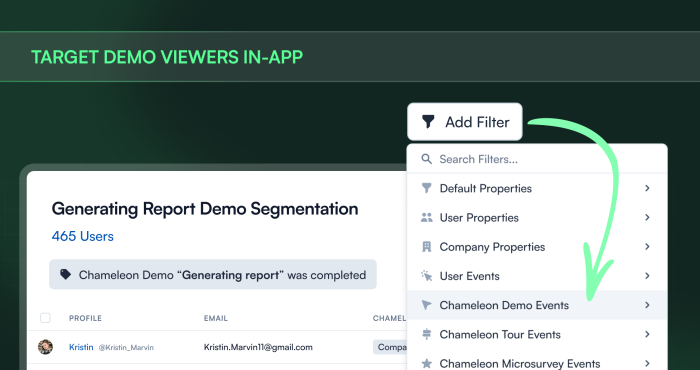 The Chameleon dashboard segment view with the Add Filter dropdown open, showing 'Chameleon Demo Events' highlighted among filter categories for targeting demo viewers.