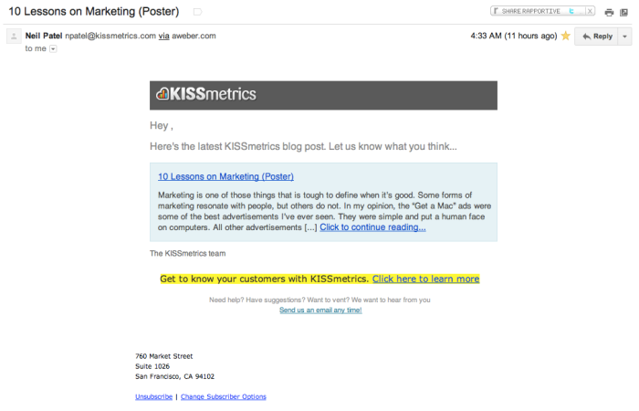A KISSmetrics marketing email promoting a blog post, with a content preview and a CTA to learn more about the product.
