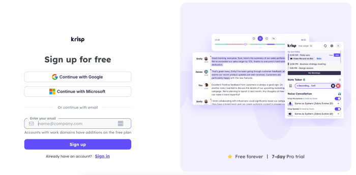 A screenshot of Krisp's signup page