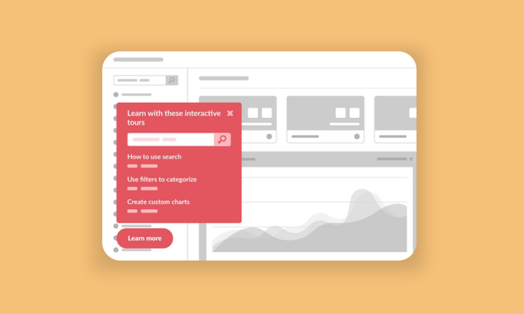 A Chameleon Launcher panel overlaying a product wireframe, listing available tours with a search field and a 'Learn more' button.