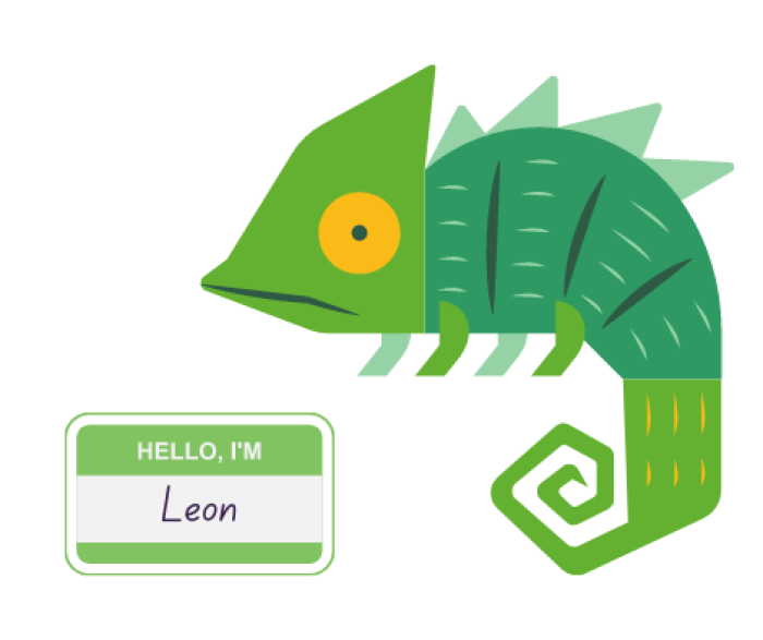 The Chameleon mascot next to a 'Hello, I'm Leon' name badge.