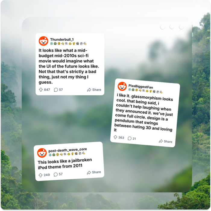 Three Reddit comments with mixed reactions to Apple's Liquid Glass design, displayed as frosted glass cards floating over a misty forest scene.