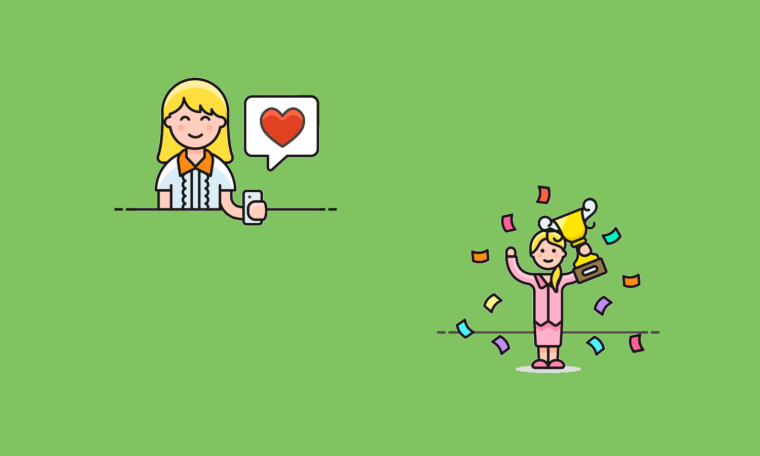 An illustration of a support agent with a heart speech bubble alongside a customer celebrating with a trophy and confetti