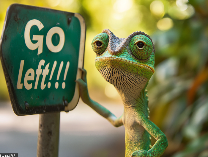 A chameleon gripping the edge of a road sign that reads 