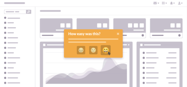 A Chameleon Microsurvey asking 'How easy was this?' with three emoji rating options, overlaid on a product dashboard mockup.
