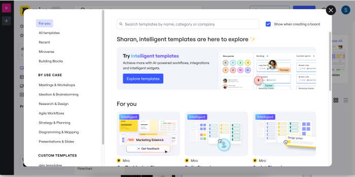 A screenshot of Miro's personalized templates