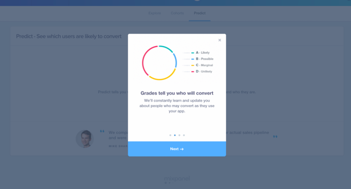 A feature announcement modal from Mixpanel