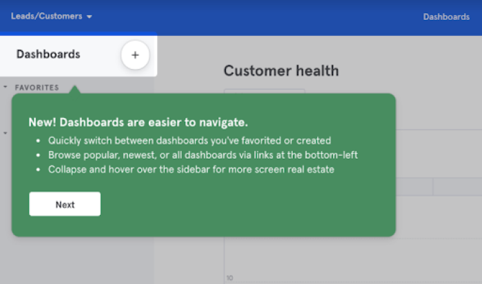 A Chameleon tour step on Mixpanel announcing a dashboard navigation change with a summary of what changed.