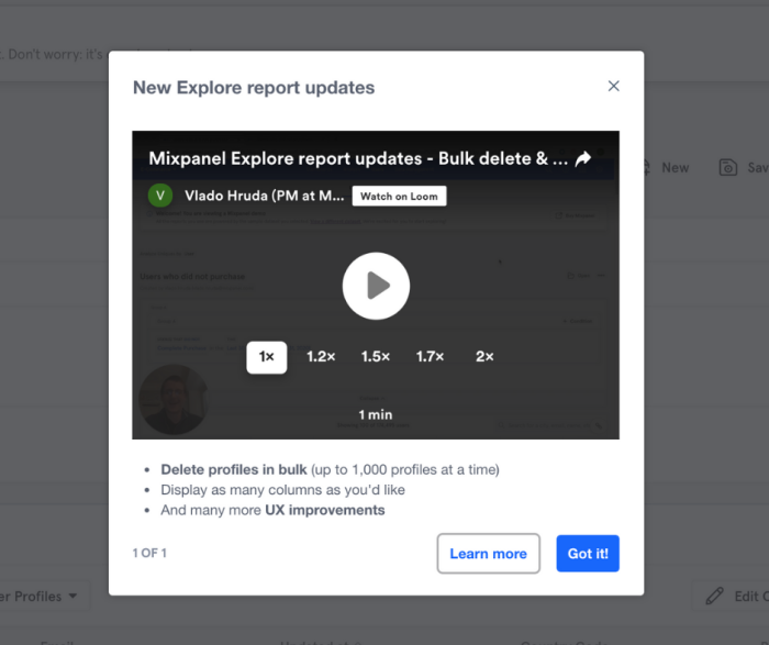 An in-app feature-update announcement on Mixpanel's dashboard, embedding a short how-to video and a bulleted list of new capabilities.