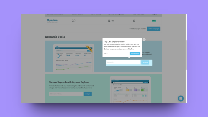 A feature announcement step in a Moz Pro product tour, overlaid on the Moz Pro dashboard.
