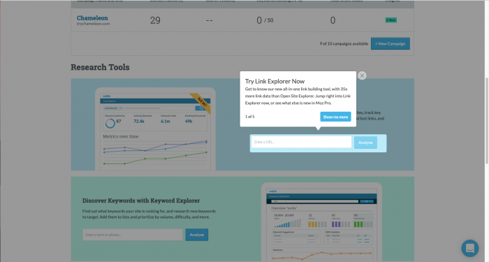 A screenshot of Moz's feature tour showing the ease of exploring new research tools