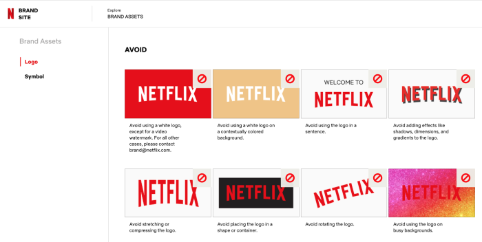 Netflix's brand guidelines site showing an 'AVOID' section with eight prohibited logo usage examples.