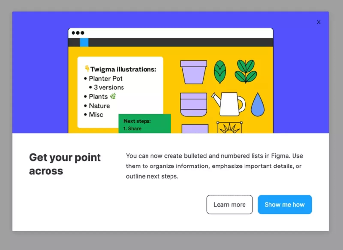 Example of new feature announcement with two CTAs
