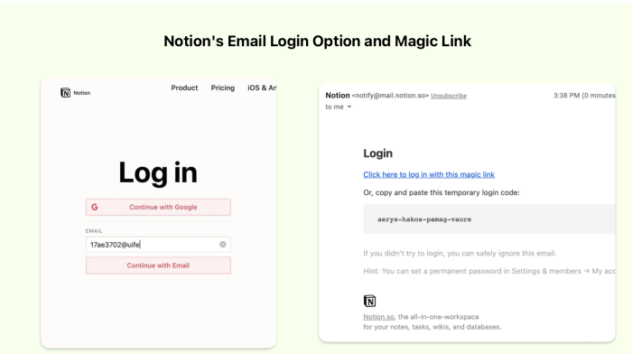 A screenshot of Notionâs quick email login option and magic link