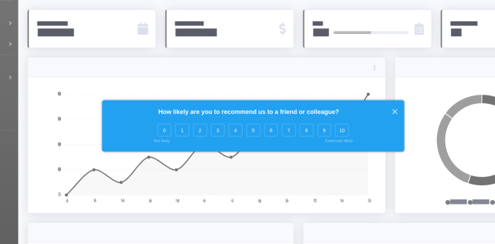 A Chameleon NPS Microsurvey over a product analytics dashboard, asking how likely users are to recommend the product on a 0–10 scale