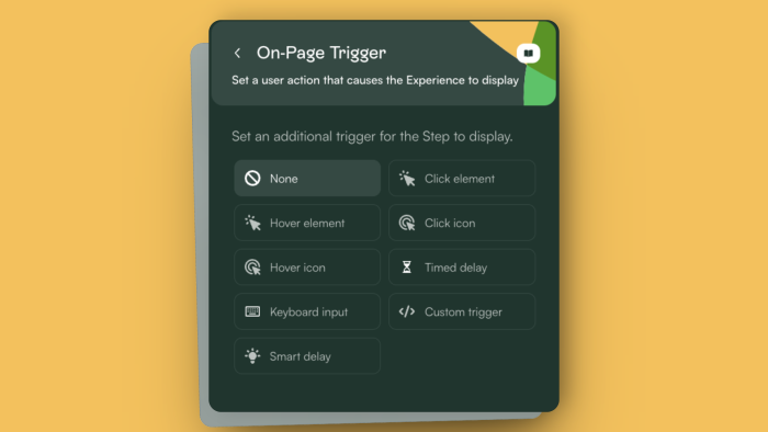 The Chameleon Builder's On-Page Trigger settings panel, with options for configuring user actions that display an experience.