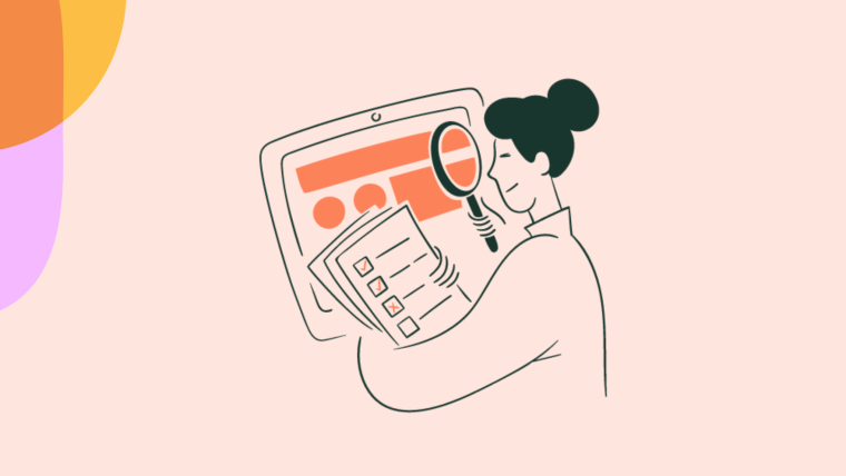 An illustration of a person reviewing a checklist with a magnifying glass in front of a product interface screen