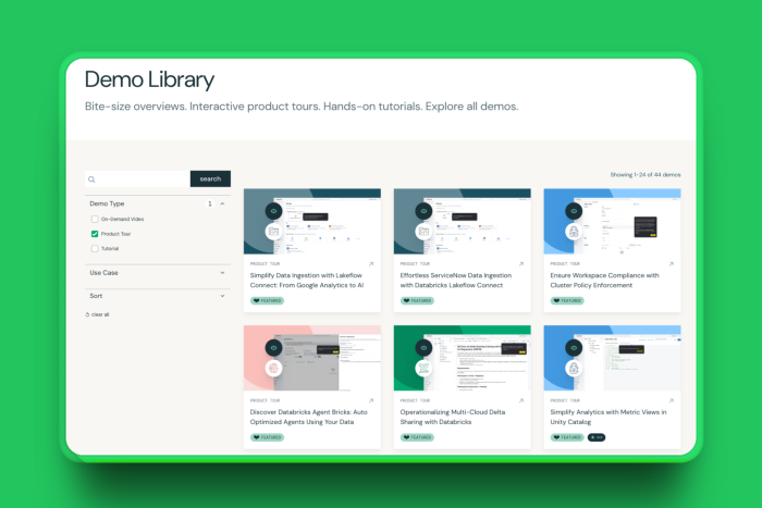 The Databricks Demo Library, a filterable catalog of product tours and tutorials, with filters for Demo Type, Use Case, and Sort.
