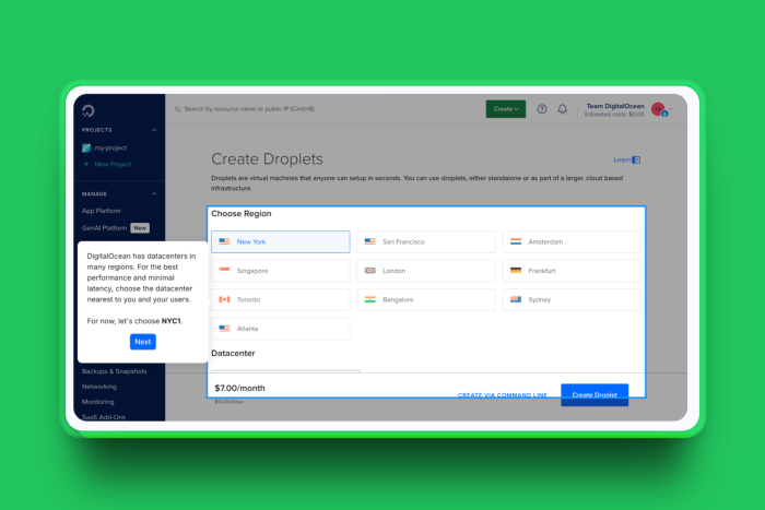 A DigitalOcean in-app onboarding step on the Create Droplets screen, guiding users to choose a datacenter region for optimal performance.