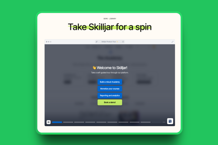 A Skilljar interactive demo showing a branching onboarding welcome screen with self-guided learning path options.