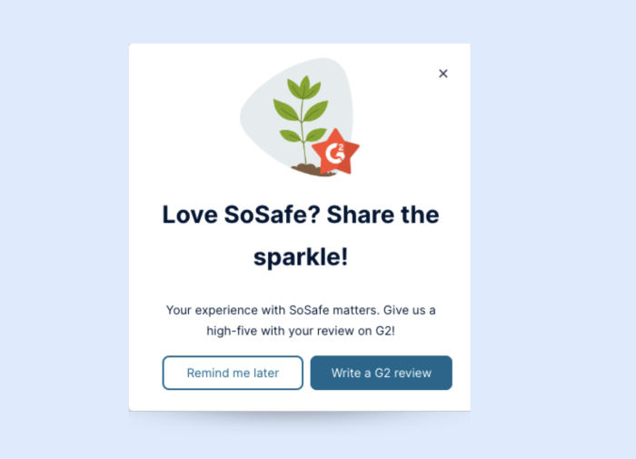 A Chameleon announcement prompting SoSafe users to write a G2 review, with a celebratory illustration featuring a plant and G2 star logo.