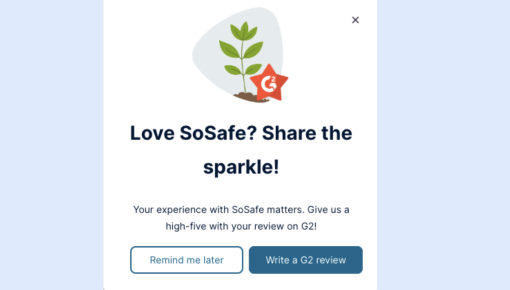 A Chameleon announcement prompting SoSafe users to write a G2 review, with a celebratory illustration featuring a plant and G2 star logo.
