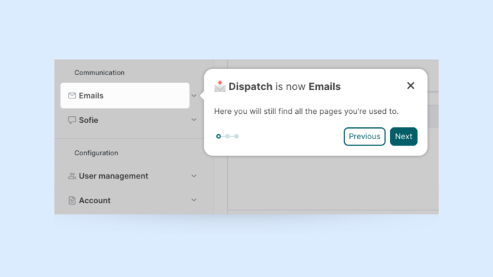 A step in a multi-step product tour announcing a navigation change, overlaid on a settings panel with Previous and Next buttons.