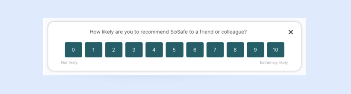 A Chameleon NPS microsurvey asking users how likely they are to recommend SoSafe, with a 0–10 scale.