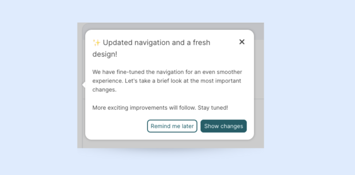 A Chameleon tooltip on SoSafe's platform announcing a navigation redesign.