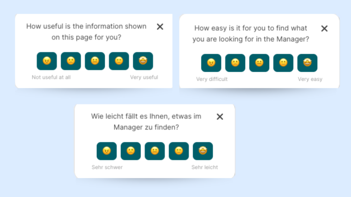Three Chameleon Microsurveys with emoji rating scales — two in English asking about page usefulness and navigation ease, one in German asking the same navigation question.