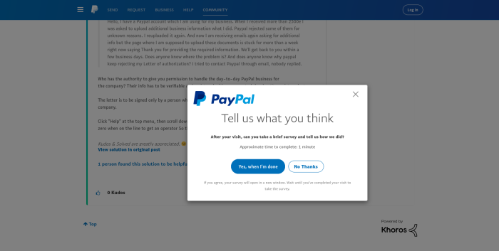 Paypal microsurvey modal