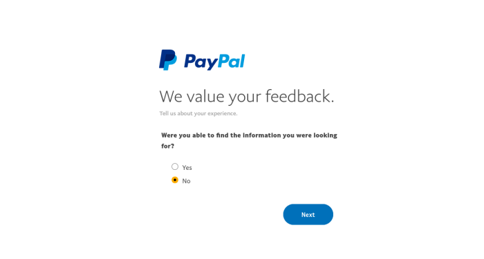 A step in a PayPal satisfaction survey asking whether the user found the information they were looking for, with Yes/No radio options and a Next button.