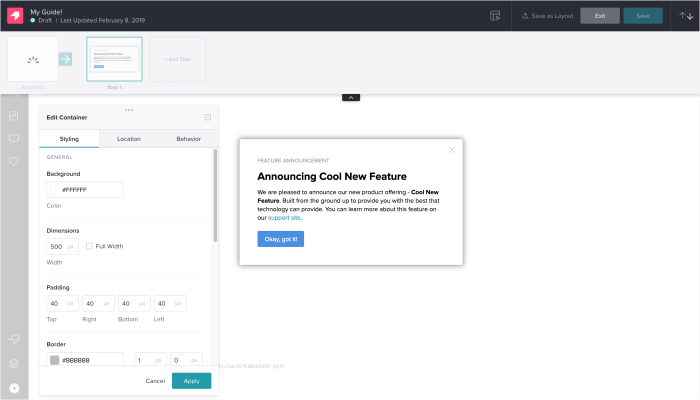 A screenshot of Pendo's builder