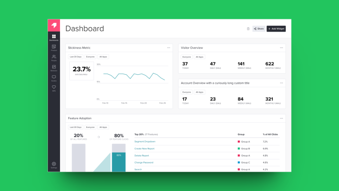 Pendo's analytics dashboard showing product engagement metrics including stickiness, visitor counts, account overview, and feature adoption.