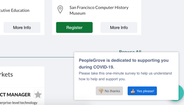 An in-app announcement on PeopleGrove's platform requesting users complete a brief survey about their COVID-19 support needs, with dismiss and accept buttons.