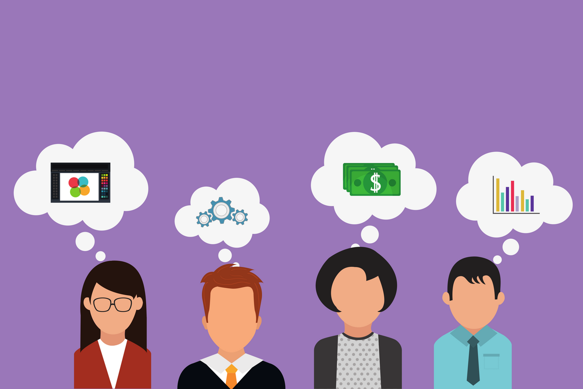 An illustration of four user personas, each with a thought bubble depicting a different priority — design tools, processes, money, and analytics.