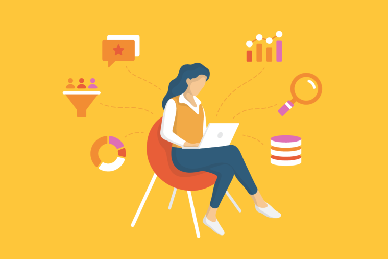An illustration of a person working on a laptop surrounded by marketing and analytics tool icons.