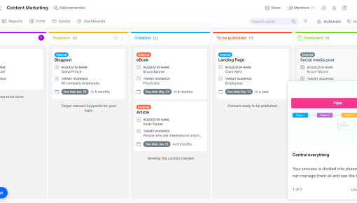 A Chameleon product tour step introducing Pipefy's phase-based pipeline structure.