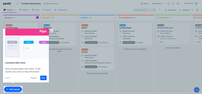 A step in a Chameleon onboarding tour on the Pipefy kanban board, introducing a workflow concept with a flow diagram illustration.