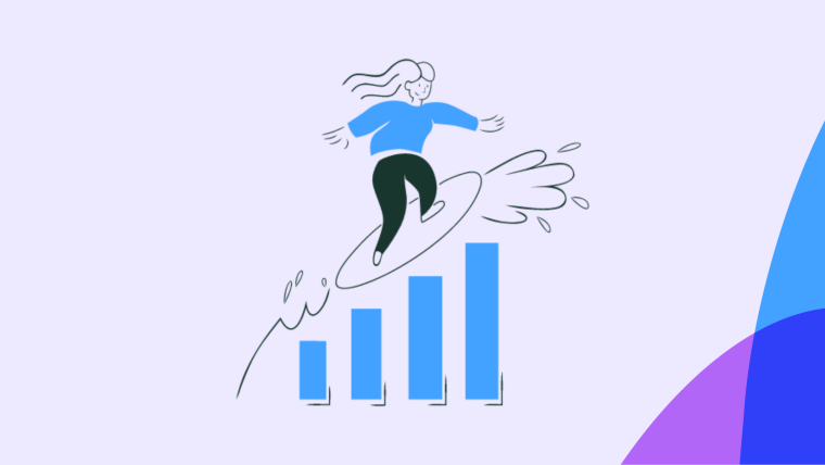 An illustration of a person surfing atop a rising bar chart.