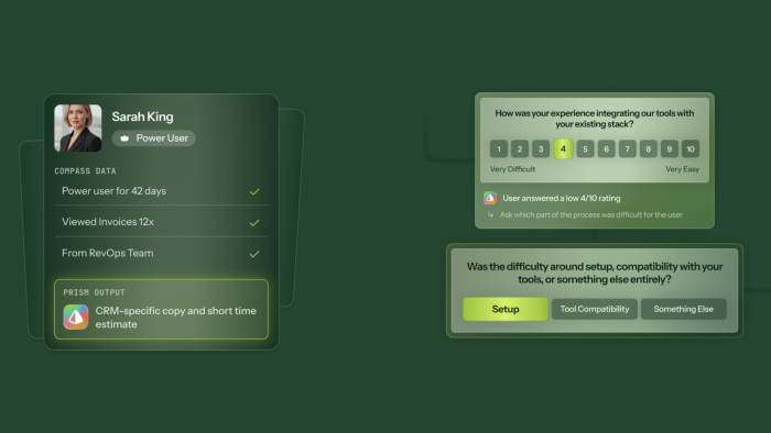 An illustrated mockup showing a user data card with an AI-generated content recommendation on the left, paired with two Chameleon microsurvey cards on the right that adapt follow-up questions based on a low rating response.