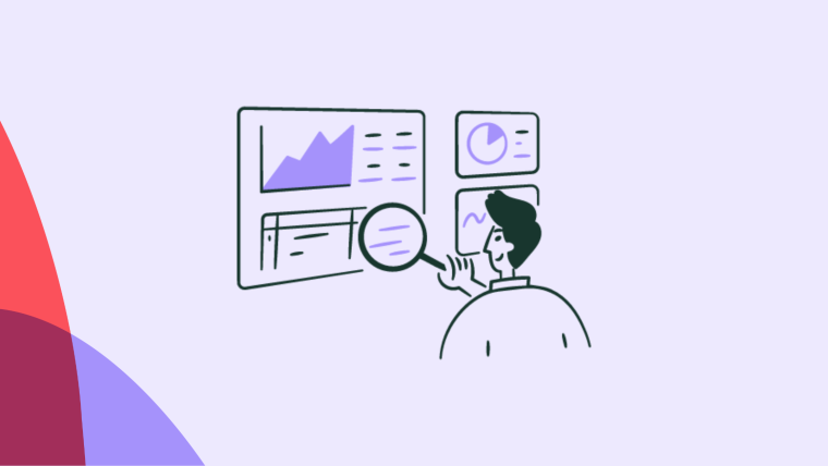 An illustration of a person examining a dashboard with an area chart and a table alongside smaller metric panels.
